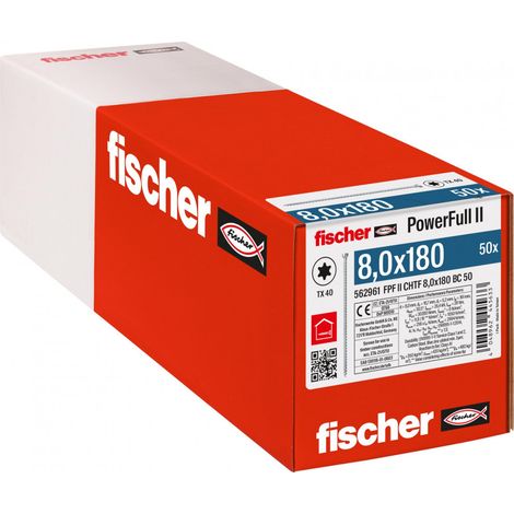 fischer Fischer 562961 Vis pour bois et construction PowerFull II CHTF 8,0 x 180, filetage total, tête cylindrique, empreinte torx, galvanisée blanche, 50 pièces,
