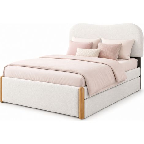 Lit 140x200 cm capitonné avec lit gigogne escamotable réversible, tête de lit blanche et style minimaliste pour chambre enfant ou adulte CHICFURN (1/5)