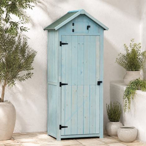 Armadio da giardino 77x54.2x179 cm, 3 ripiani rimovibili, finestra nel timpano, tetto impermeabile, legno azzurro chiaro (1/5)