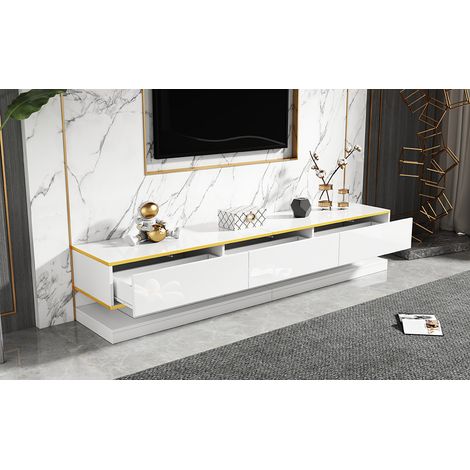 Meuble TV 2004040cm, meuble bas avec 3 tiroirs, support TV laqué brillant, meuble de salon avec grand espace de rangement, table TV blanc chaud avec bord doré, meuble TV sur pied (1/5)