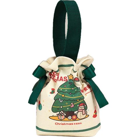 Sac À Cordon En Toile - Motif De Noël - Pour Bonbons Et Cadeaux - Rouge Ou Vert - 15x16x5 cm Et 18x19x8 cm - Lot De 1 (1/5)