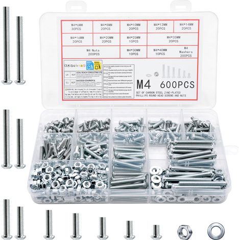 600 Pièces M4 Boulons, Écrous et Rondelles Assortiment Kit - Vis à Tête Cylindrique et à Métaux Cruciforme Galvanisées DIN 7985 (Argent 600 M4) (1/5)