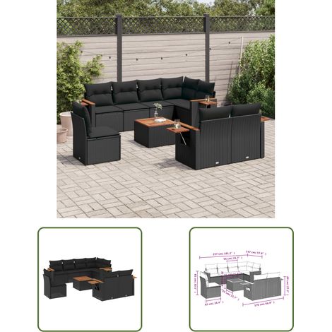 The Living Store Salon de jardin 9 pcs avec coussins noir résine tressée - Ensemble Salon De Jardin - Meuble Extérieur - Canapé Jardin - Rotin Synthétique - Résine Tressée