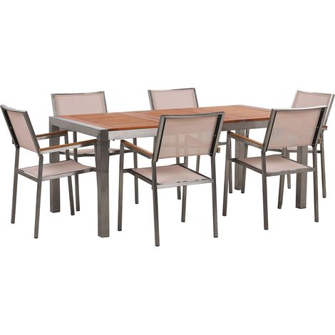 Table de Jardin et 6 Chaises 180 x 90 cm Bois d'Eucalyptus et Tissu Beige Grosseto