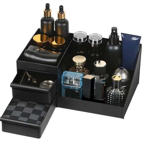 Cololgne Organiseur de parfum en plastique pour hommes et femmes, organiseur de cosmétiques noir, 3 étages, présentoir à Cologne avec tiroir (1/5)