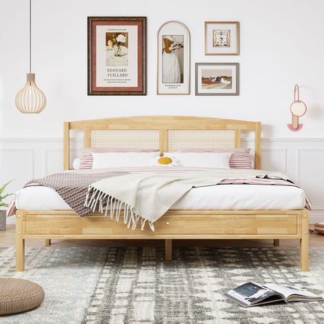 Lit double,lit en rotin,lit pour jeunes adulte 160X200cm,coussin en filet en rotin,avec 15 lattes et pieds du milieu,pin + rotin PE,naturel (1/5)