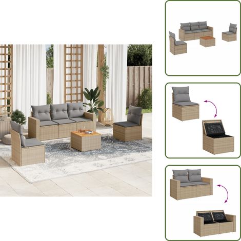 6-tlg. Garten-Sofagarnitur mit Kissen Beige Poly Rattan - Gartenmöbel Set - Outdoor Möbel - Rattan Gartenset - Lounge Set - Esstisch Set