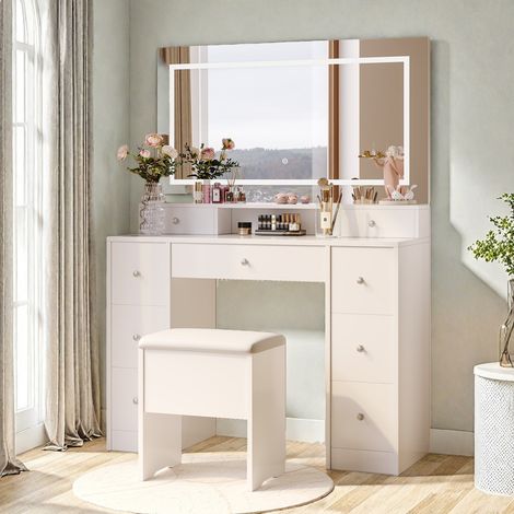 Coiffeuse avec tabouret et miroir LED à éclairage réglable–9 tiroirs pour ranger les produits de beauté–coiffeuse moderne blanche–110 x 40 x 150 cm
