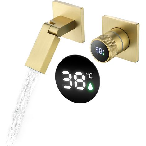 Rubinetto Bagno Oro Spazzolato Con Display Digitale a LED Miscelatore Lavabo Pieghevole a 180° Rubinetti Per Cascata Bagno Con Miscelazione Acqua Calda E Fredda Rubinetto Muro Lavabo (1/5)