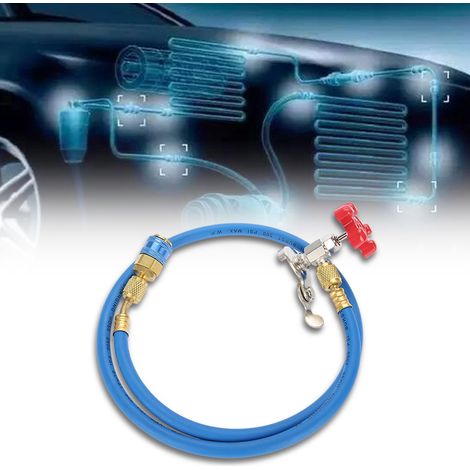 Flexible R134a recharge hose with gas can tap, compatible R12 R22 R502 refrigerant, pipe fitting for AC filling, robust tool. (1/5)