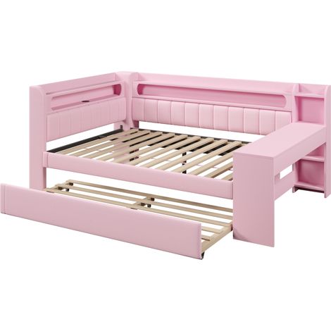 Letto giorno imbottito 140x200 cm con letto estraibile 90x190, scrivania, USB e LED, rosa - HOMVRA (1/5)