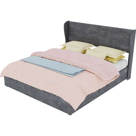 Letto Matrimoniale 160x200 cm in Tessuto con Contenitore alzabile, Testiera Imbottita, senza Materasso, Grigio (1/5)