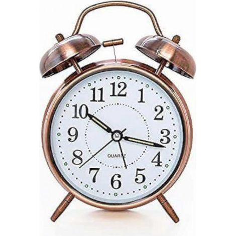 [Lauter Ton für Tiefschläfer] 4-Zoll-Doppelglockenwecker mit Hintergrundbeleuchtung, batteriebetrieben, lauter Alarm im Retro-Stil (rotbraun)