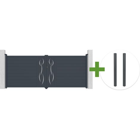 Portail battant 4m LIFE H.160cm aluminium gris + 2 poteaux ELDA aluminium gris 15x15cm (1/5)