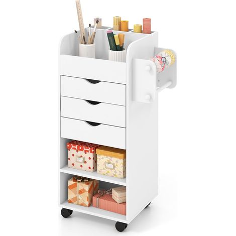 COSTWAY Carro de Cocina con Ruedas, Carrito Auxiliar para Manualidades, Carrito Utilitario de Cocina con Estantes Abiertos, 3 Cajones, 3 Compartimentos, Carro Multiusos para Costura (1/5)
