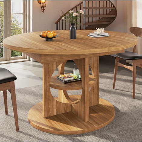 MODFU – Mesa extensible 110-150x110x76 cm de MDF/metal redonda a ovalada con almacenamiento, carga 60 kg – Efecto madera (1/5)