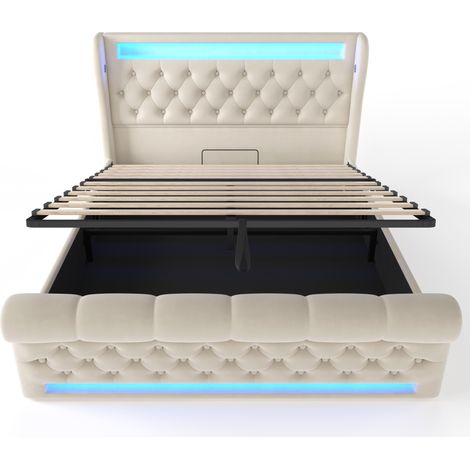Cama doble tapizada 140x190 cm con LED, USB-C, almacenaje y terciopelo beige (1/5)