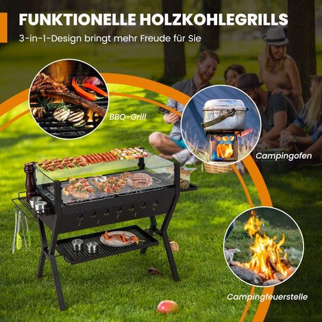 Barbecue au charbon de bois avec pare brise supports a epices et grilles en acier inoxydable