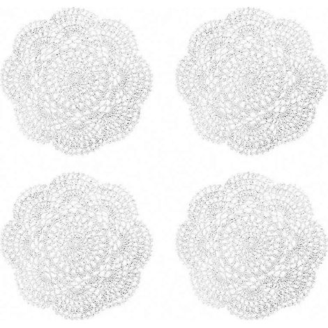 Lot de 4 napperons blancs au crochet de 22 cm, sets de table ronds en dentelle faits main, dessous de verre en coton (1/5)