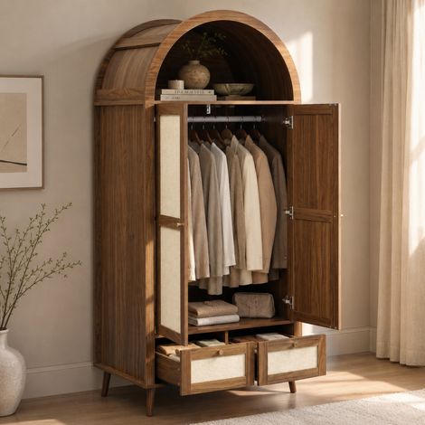 Armadio con 2 ante e 2 cassetti, alto 180 cm, effetto noce con effetto rattan beige, forma arcuata, asta appendiabiti e ripiano aperto, noce+beige (1/5)