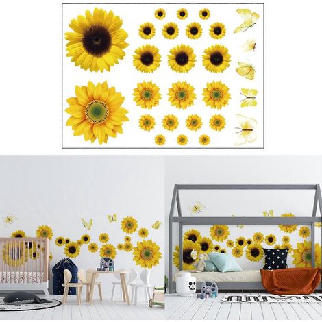 Sticker mural amovible en forme de tournesol pour chambre d'enfant ou salon, imperméable, motif floral 3D papillon. (1/4)