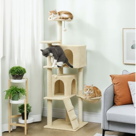 Albero tiragraffi per gatti 160 cm beige con amaca, scala, cuccia e pali in sisal OKWISH (1/5)