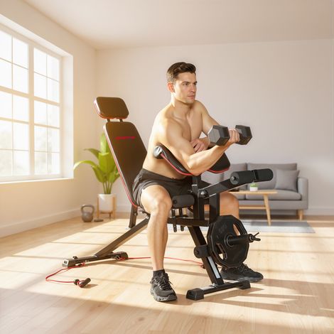 Banco de pesas ajustable hasta 300 kg, banco de entrenamiento 3 en 1 con ruedas, extensor de piernas, almohadilla para curl de bíceps, reposacabezas y bandas de resistencia. (1/5)