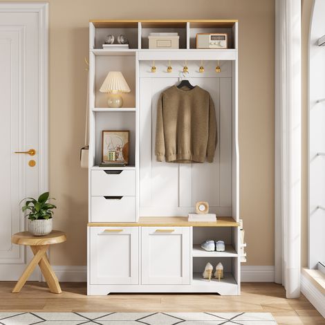 Meuble d'entrée 100 x 32 x 186 cm, banc, 5 patères, 2 tiroirs, 2 abattants à chaussures, LED par appli, MDF et panneaux de particules, blanc (1/5)