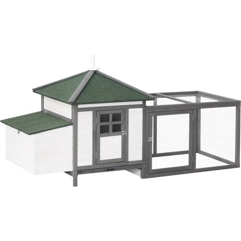 Hühnerstall aus massivem Kiefernholz, grau-weiß, 196 x 76 x 97 cm, mit Sitzstange, Rampe, Nistkasten, Auslauf und Kotwanne