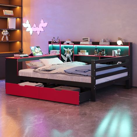 Multifunktionsbett 140x200 cm mit Schreibtisch und Stauraum, Schlafsofa aus Massivholz mit LED-Beleuchtung und Schubladen, Schwarz/Rot (1/5)