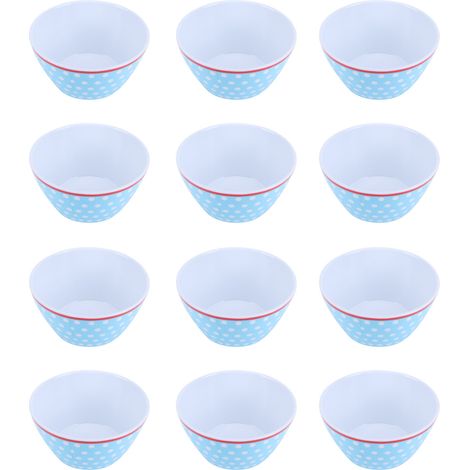Lot de 12 saladiers de 15 cm (6 pouces) en porcelaine imitation, à pois bleu clair. (1/5)