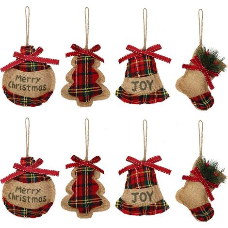 Adorno Navidad - Adorno Árbol 5 Pulgadas - Estilo Cuadros Rojo Negro - Tejido Saco de Lino - Con Cordel de Cáñamo - 8 Unidades (1/5)