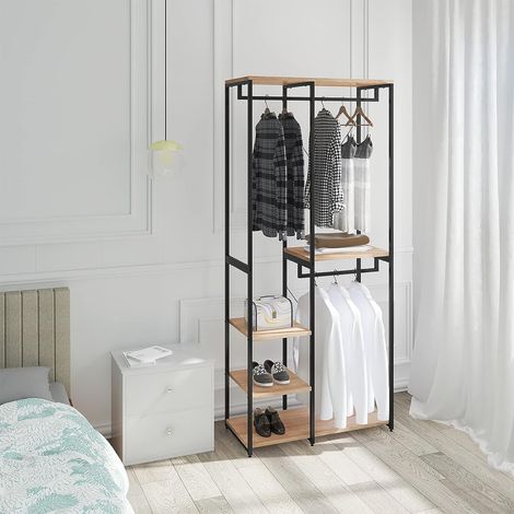Woltu – Portant à vêtements en métal et bois 90x40x204.5 cm – Structure antirouille – Capacité 20 kg – 4 étagères pour rangement
