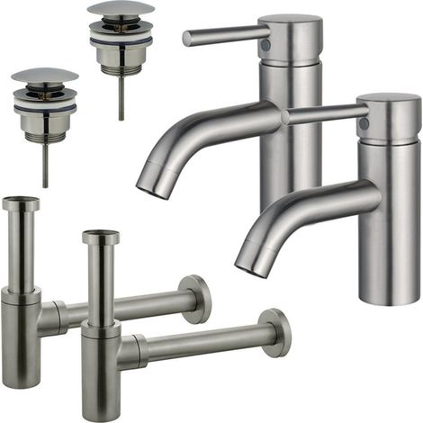 FugaFlow Eccelente Sobrado Kit robinet lavabo - pour double vasque - robinet bas - bonde clic clac - siphon design - Inox brossé PVD (1/4)