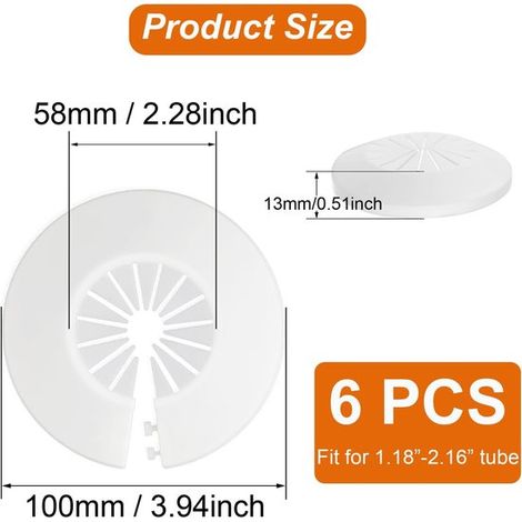 6 pezzi - piastre di copertura in plastica - rosetta per tubi di riscaldamento - rosetta a morsetto - rosette per tubi di riscaldamento - rosetta per tubi - per tubi da 1,18 a 2,16 pollici - bianco (1/4)