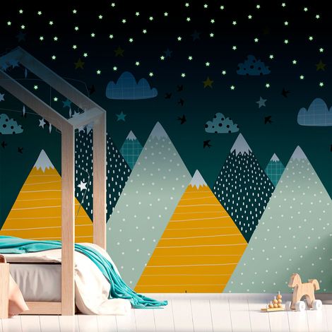 Stickers muraux enfants - Autocollant mural géant enfant montagnes scandinaves MONTAGNES ZISKA + 100 ÉTOILES PHOSPHORESCENTES - 40x60cm (1/5)