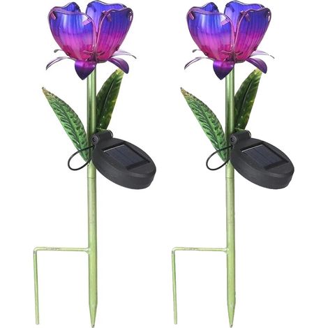 Lot de 2 Lampes solaires, Piquet verre forme fleur, Éclairage jardin, Pelouse, Cour, Extérieur (1/5)