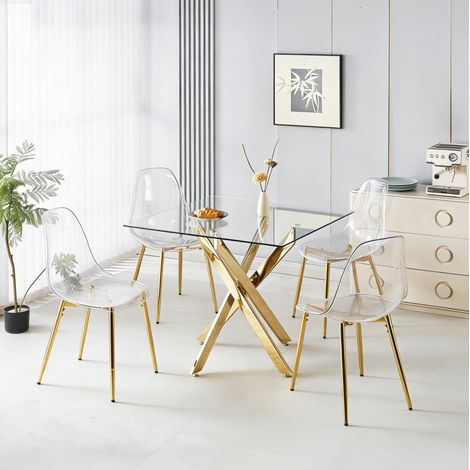 Conjunto de mesa y 4 sillas 80x80x75 cm metal dorado y vidrio, moderno para comedor FloraGrace (1/5)