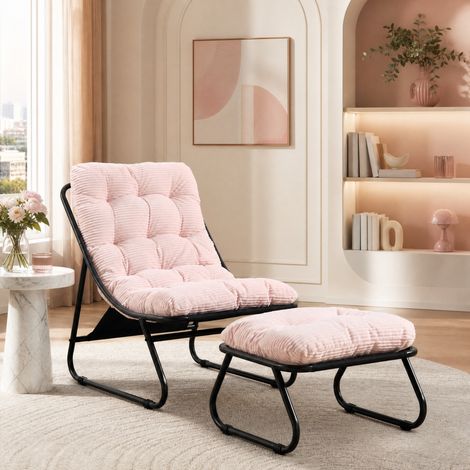 Poltrona lounge con pouf 65x78x86 cm in metallo nero, cuscino rosa, moderna per soggiorno FloraGrace (1/5)