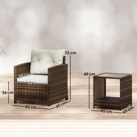 Ensemble bistro en rotin, ensemble de mobilier de jardin 3 pièces comprenant 2 fauteuils, une table en verre à 2 niveaux, des coussins d'assise amovibles, blanc crème (1/5)