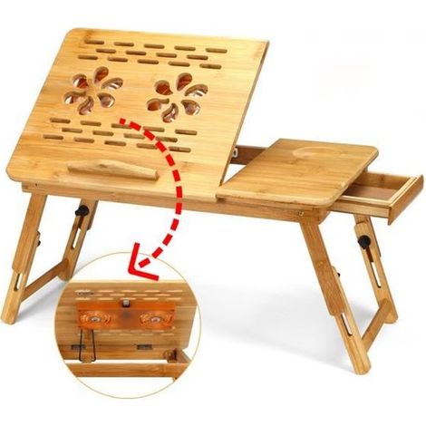 TEMPSA Table Ordinateur Portable Ventilateur USB Table de Lit - Support PC Tablette Tiroir - En Bambou Pliable (1/4)