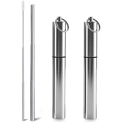 Paille En Acier Inoxydable Rétractable - 2 Pièces - Pour Boissons Froides Et Chaudes - Voyage Maison Bureau - Avec Brosse De Nettoyage Et Étui (1/5)
