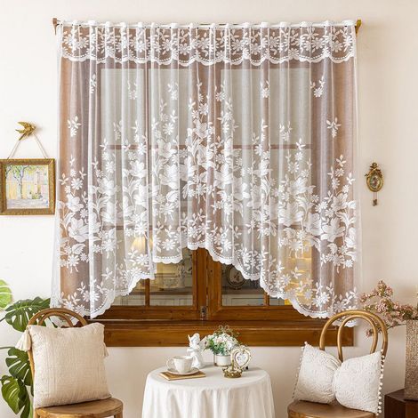 Rideau romantique translucide blanc – voilage en dentelle en forme d’arche – motif floral élégant – 300×160 cm – panneau unique – décoration pour salon, cuisine, salle de bain et chambre (1/5)
