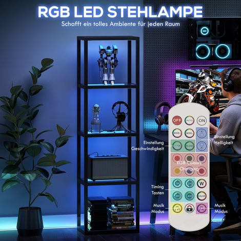 Lampadaire LED RGB à 4 étagères en verre, télécommande, synchronisation musicale, noir, 4 niveaux d'éclairage