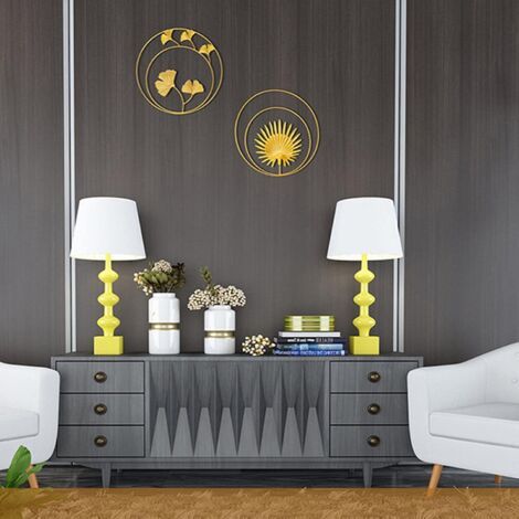 Set aus 3 Wandskulpturen aus Metall und Eisen – Goldener Ginkgo und Palmenblätter – Runde Wanddekoration für Zuhause, Büro, Wohnzimmer, Hotel (Turm) (Stil A)