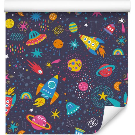 Carta da parati colorata con galassia e razzo per soggiorno e camera da letto, 50x1000 cm (1/5)