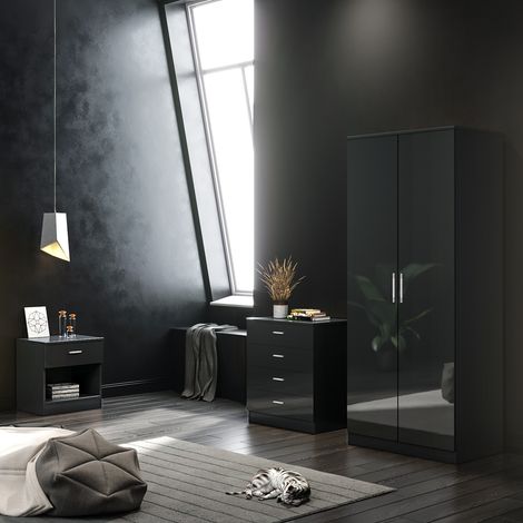 ELEGANT Wardrobe Sets Bedroom Furniture 3 Piece Soft Close 2 Doors Wardrobe and 4 Drawer Chest and Bedside Cabinet, Black (1/9)