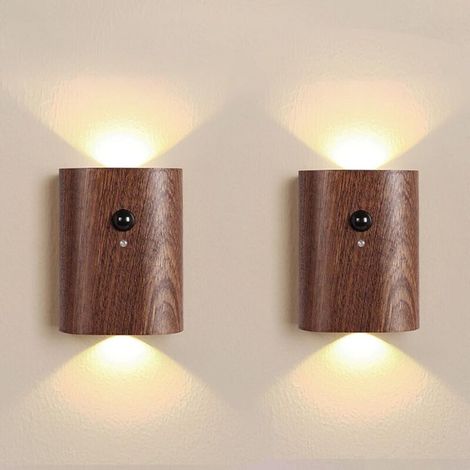 Lot de 2 veilleuses intelligentes pour escalier - Lampes d'escalier rechargeables avec détecteur de mouvement, LED blanc chaud 2700K, finition bois de noyer, idéales pour les couloirs et les chambres.