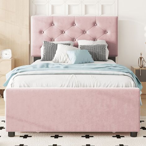 Lit banquette 90x200 cm avec sommier à lattes, lit gigogne 90x190 cm coulissant, lit capitonné en velours rose, rangement mobile, sans matelas (1/5)
