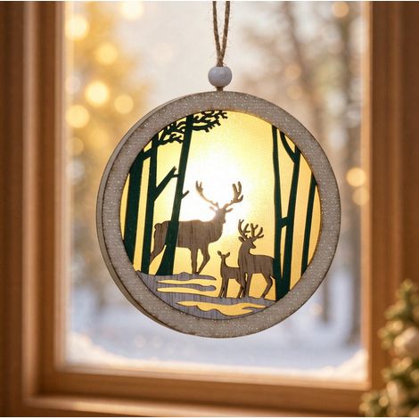 Ornement rond lumineux bois famille de cerfs 12 cm, décoration suspendue forêt hivernale LED (1/3)
